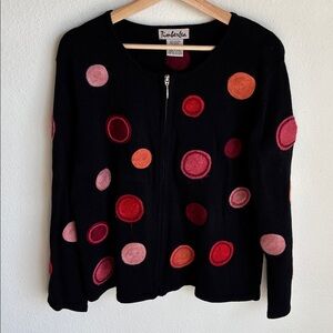 TIMBERLEA Whimsical Vintage Cotton Polka Dot Zipper Cardigan Sweater XL